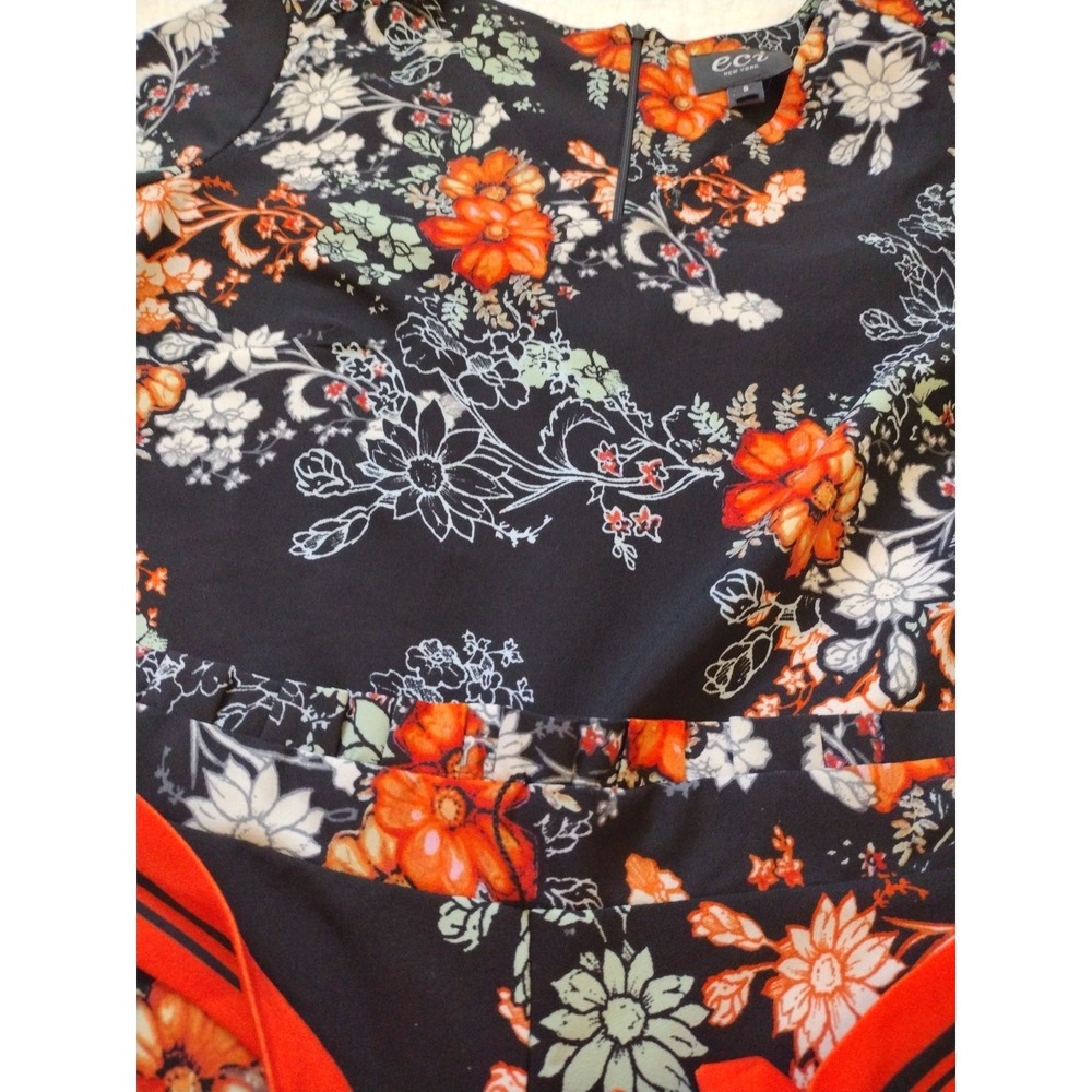 ECI New York Jumpsuit Woman‎ 8 Orange Black Floral Stretch Boho V Neck Pocket - Picture 3 of 8